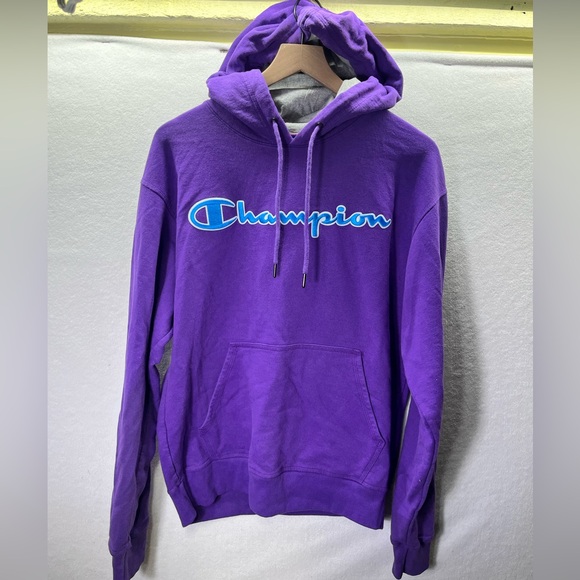 Champion Embroidered Spellout Hoodie Sweatshirt Mens M Purple Activewear 2401 - Picture 1 of 8